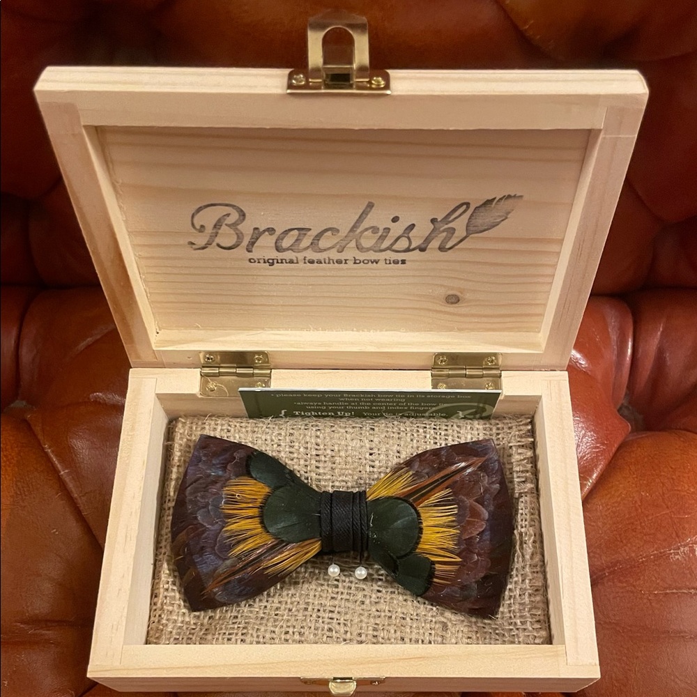 Brackish bow tie of pheasant and rooster feathers